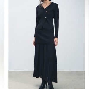 ZARA ELEGANT CARDIGAN SWEATER BLK PLEATED MIXED MEDIA SKIRT SET  NWT   M. L